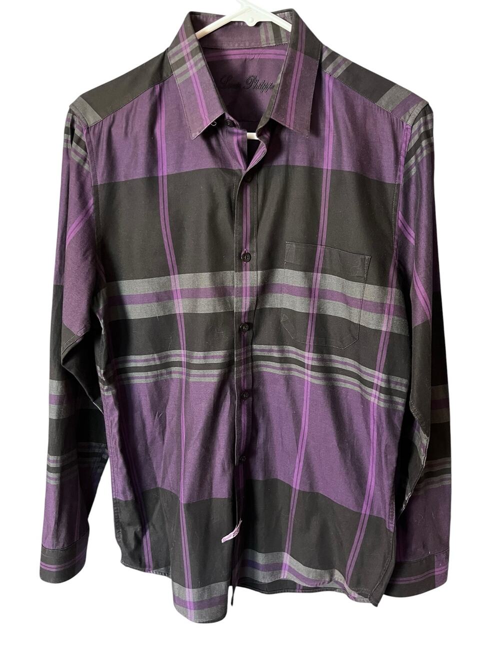 Louis Philippe Men’s Super Slim Fit Shirt 39 15.5 Collar Black/Purple Plaid Work